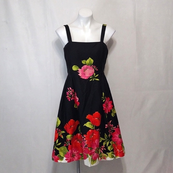 Jessica Howard Floral Fit & Flare Dress 6 Black Sleeveless Midi Wedding Guest - Picture 1 of 16